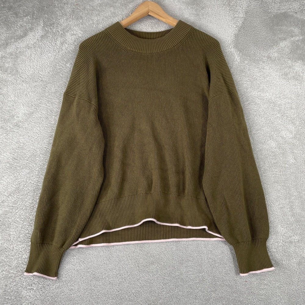 Scotch & Soda Sweater Womens XL Olive Green Ribbed Knit Pink Trim Oversized